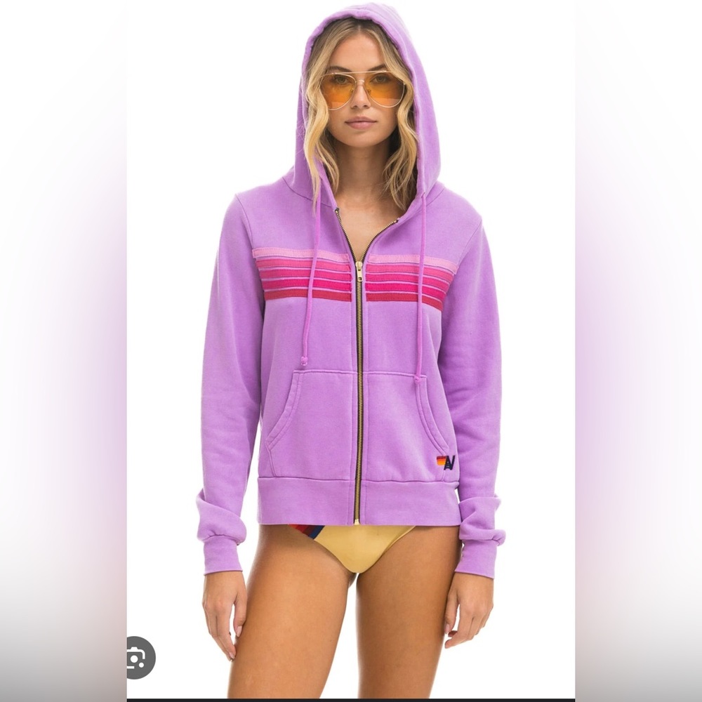 Aviator Nation 5 Stripe Hoodie Neon Purple Pink Stripes Medium NWT